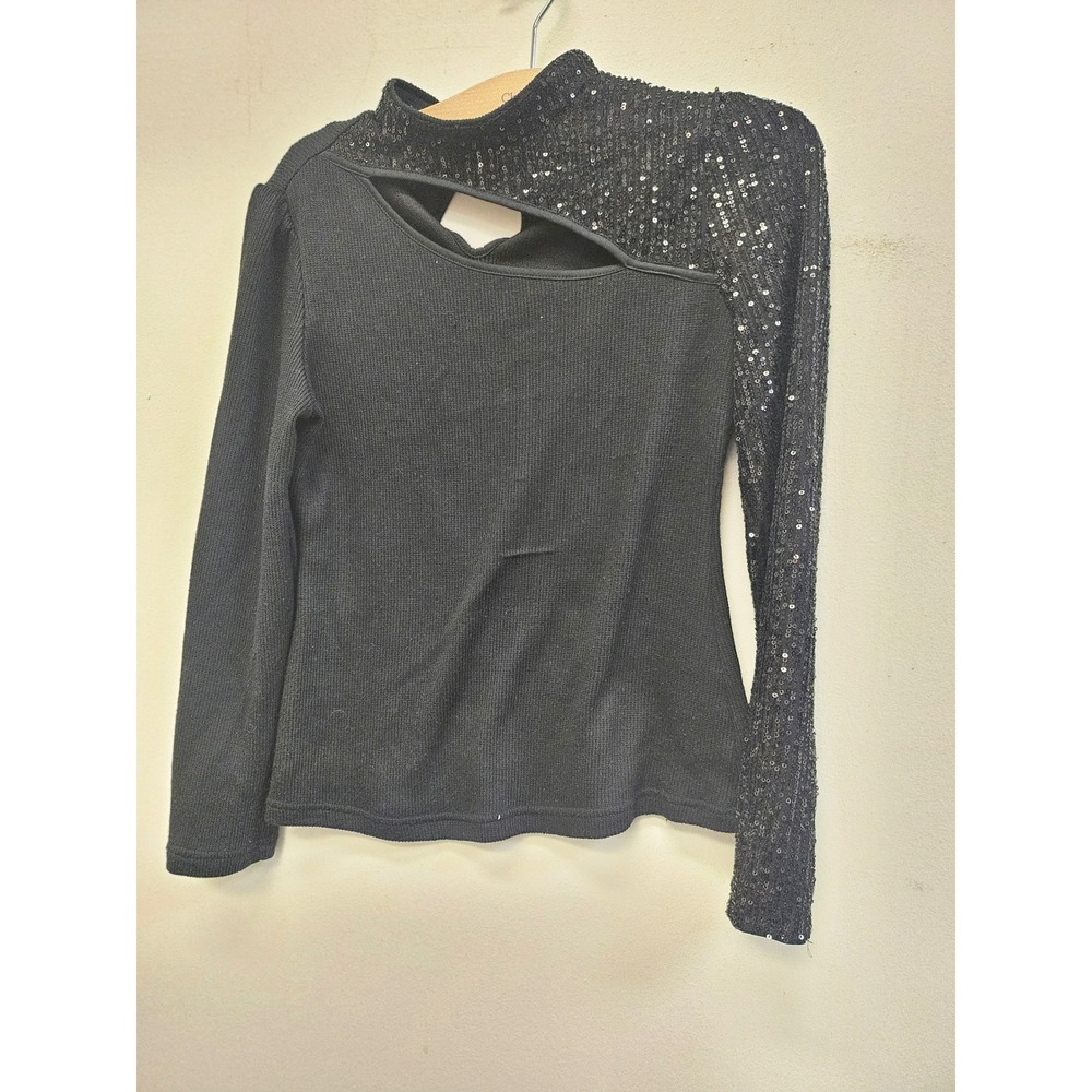 THML Black Sequin Asymmetrical Cutout Mock Neck Long Sleeve Knit Top Small